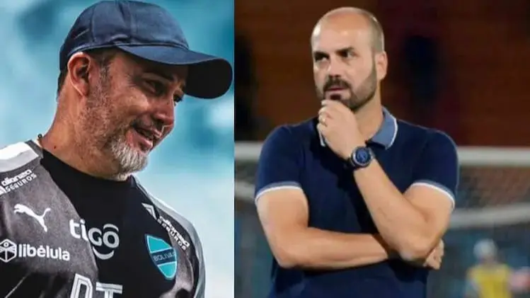 Flavio Robatto, DT de Bol&iacute;var (i), y Thiago Leitao. t&eacute;cnico de San Antonio de Bulo Bulo. M&Aacute;S DEPORTE.2