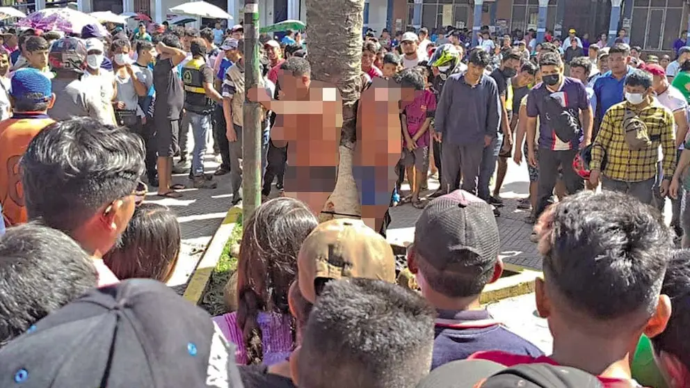 Momento del linchamiento a tres acusados de secuestro en el Tr&oacute;pico de Cochabamba./ APG