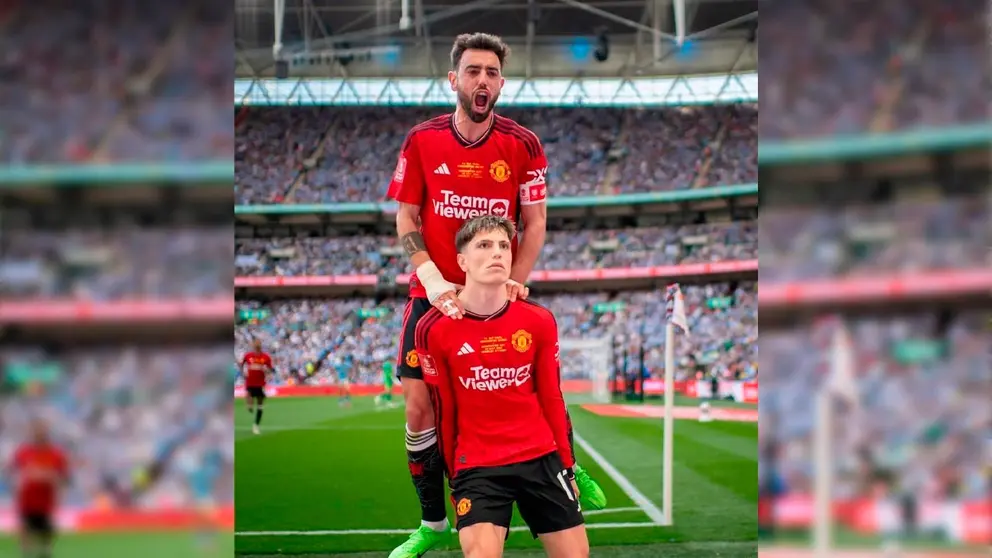 Bruno Fernandes y Alejandro Garnacho celebran el primer gol de los Red Devils en la definici&oacute;n ante el Citizen. INSTAGRAM MANCHESTER UNITED