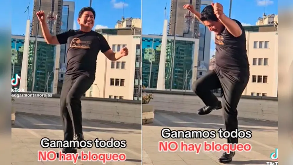El ministro de Obras P&uacute;blicas &Eacute;dgar Monta&ntilde;o bailando por la suspensi&oacute;n del paro. Captura TikTok