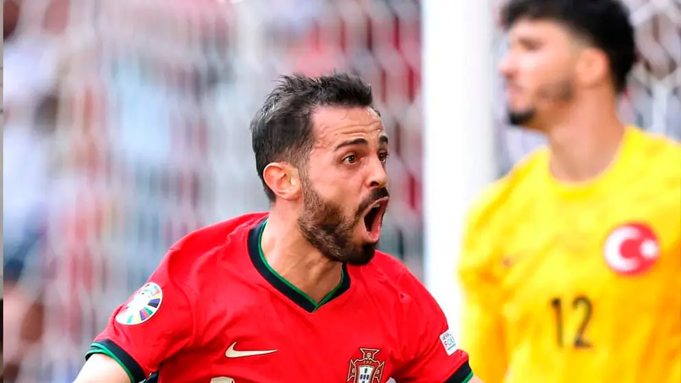Bernardo Silva festeja el primer tanto de Portugal sobre Turqu&iacute;a. UEFA EURO 2024