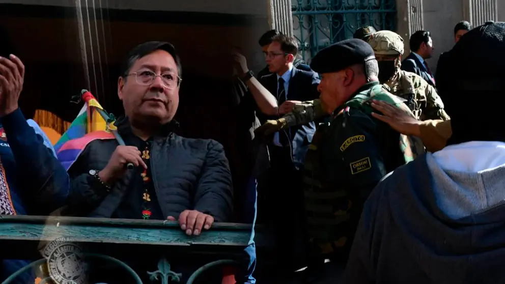 Luis Arce en el balc&oacute;n del Palacio Quemado y el general Z&uacute;&ntilde;iga. APG