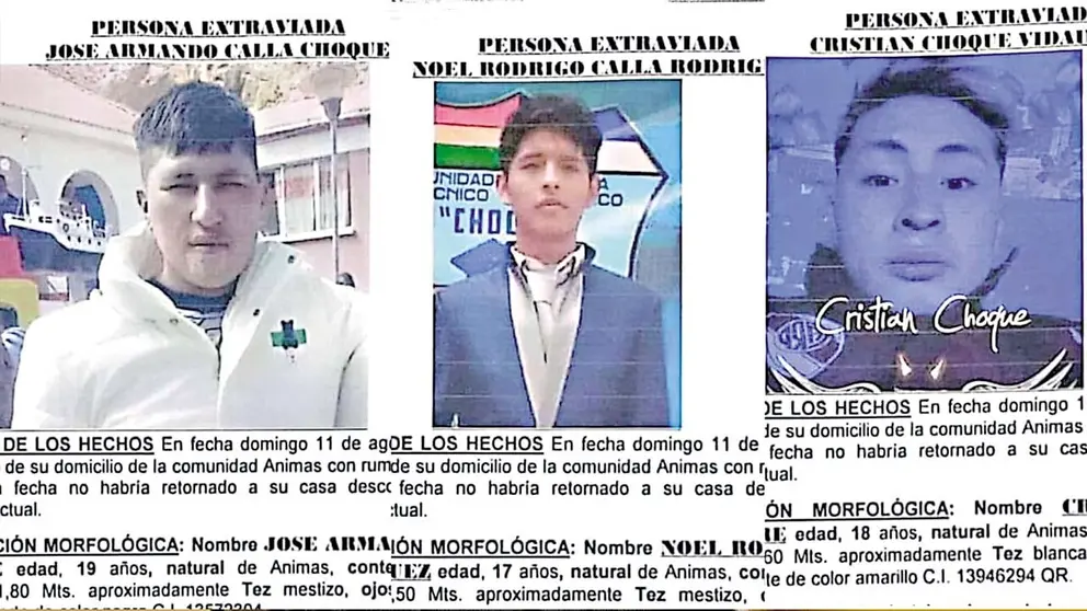 Los afiches que informaban sobre la desaparici&oacute;n de las tres v&iacute;ctimas./ URGENTE.BO