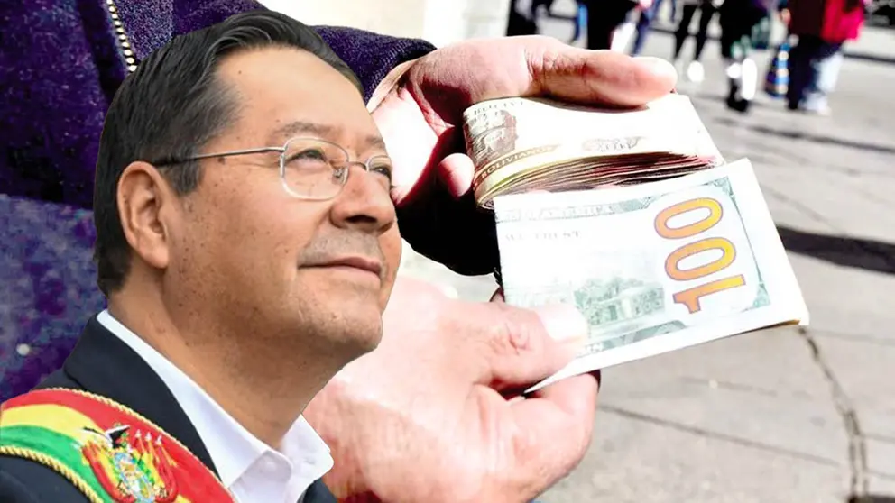 El presidente Luis Arce y una imagen referencial a la compra de d&oacute;lares. COMPOSICI&Oacute;N OPINI&Oacute;N