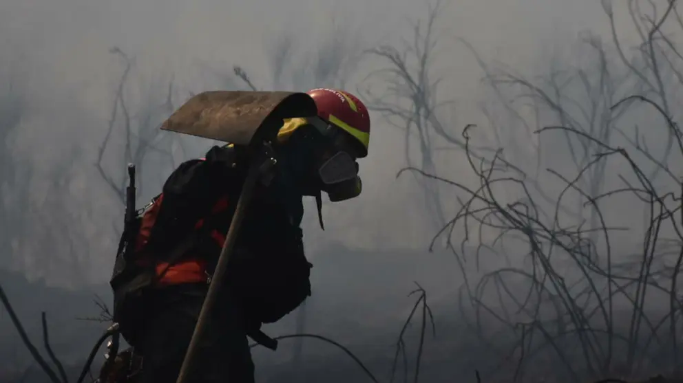 Un bombero combate el incendio en la comunidad de Tirani, dentro del Parque Nacional Tunari. DICO SOL&Iacute;S
