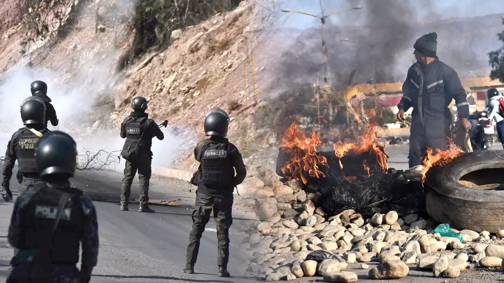 Polic&iacute;a libera la carretera bloqueada al occidente del pa&iacute;s (i) y bloqueadores, en Vinto, reinstalan el cierre de v&iacute;as (d) en este punto. DICO SOL&Iacute;S
