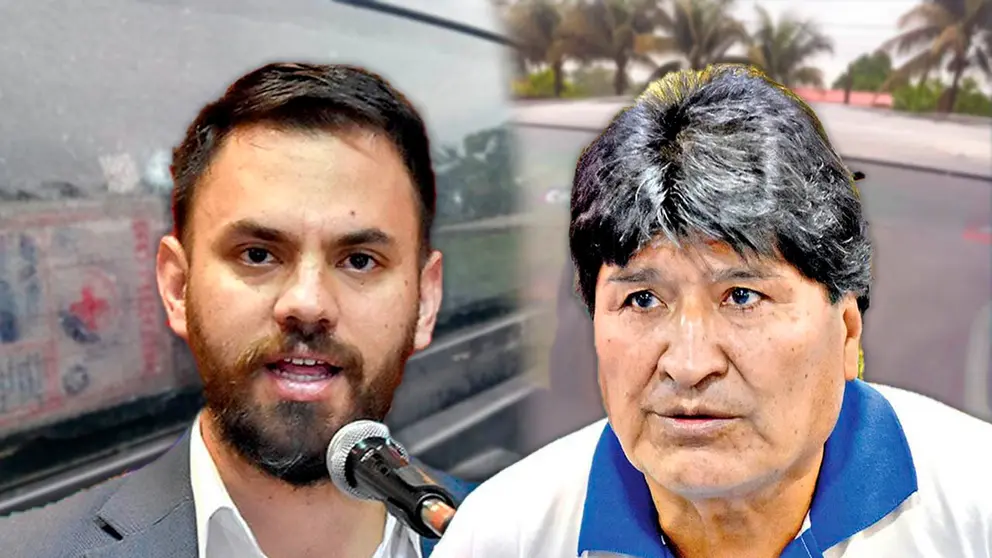 El ministro de Gobierno Eduardo del Castillo junto al expresidente Evo Morales, de fondo la imagen de los veh&iacute;culos disparados. Com OPINI&Oacute;N