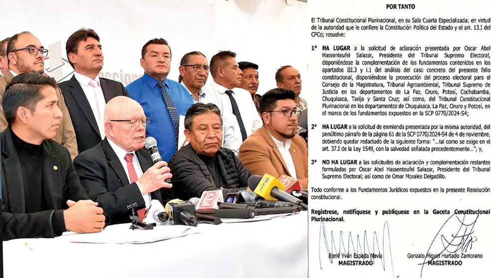 Encuentro por la Democracia (i) y auto constitucional 0084/2024-ECA del TCP (d)./ APG-TSE