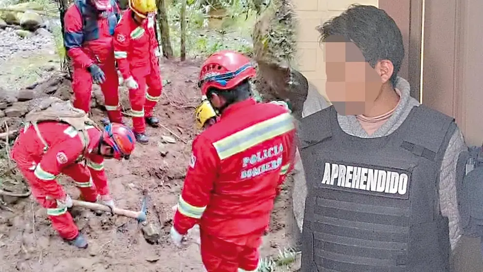 Bomberos excavan en el terreno en busca de los cuerpos de las víctimas (i). Ernesto A.Ch., quien, según la Policía, confesó ser el autor del quíntuple asesinato (d)./ CORTESÍA - MARIELA COSSÍO