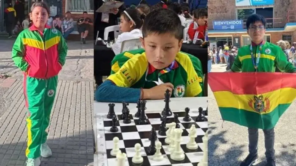 María José Gallardo, Thiago Arteaga y Maveric Mayta, representantes bolivianos en ajedrez sudamericano. FEDERACIÓN BOLIVIANA DE AJEDREZ.