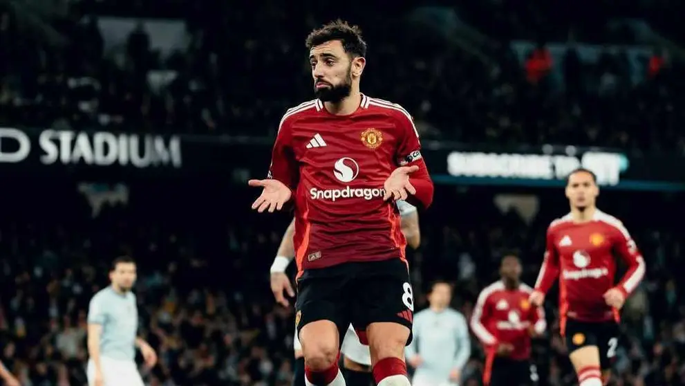 Bruno Fern&aacute;ndes festeja su tanto al City. MANCHESTER UNITED.