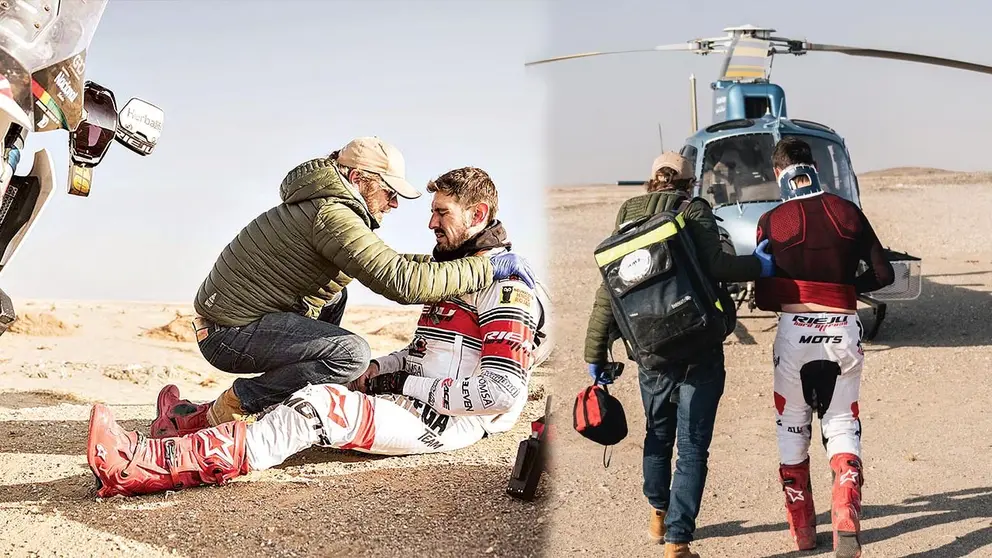 Daniel Nosiglia recibe atenci&oacute;n m&eacute;dica despu&eacute;s de la ca&iacute;da que lo sac&oacute; del Dakar./ FACEBOOK DANIEL NOSIGLIA
