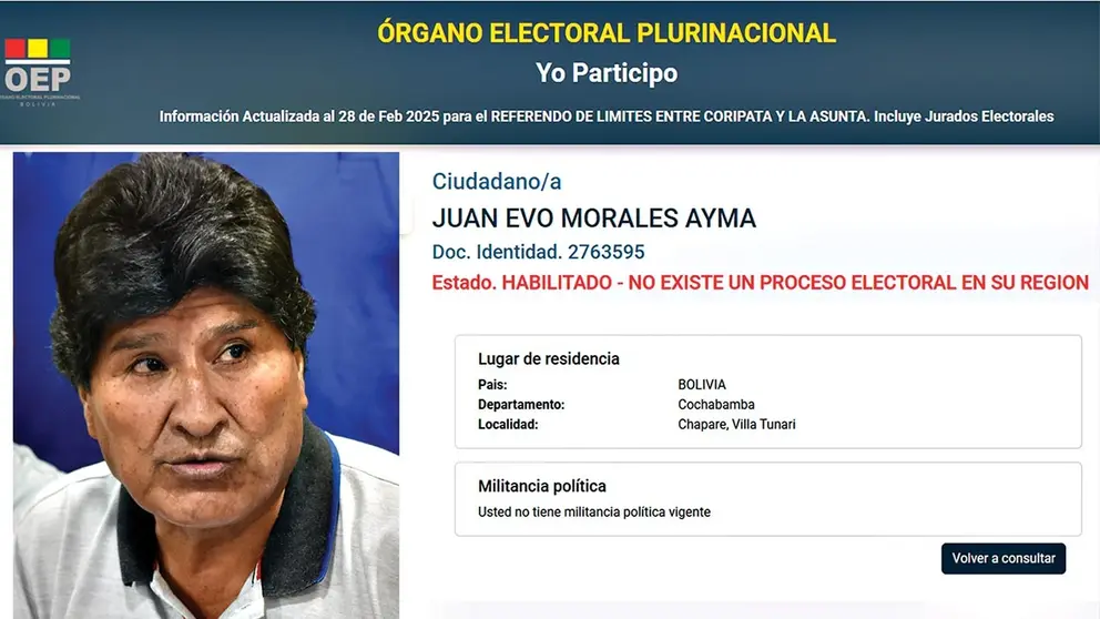 As&iacute; figura en la plataforma &ldquo;Yo Participo&rdquo; del OEP, la militancia pol&iacute;tica actual de Evo Morales./ CAPTURA DE PANTALLA