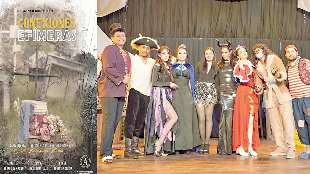 Arte de la presentaci&oacute;n de la obra &lsquo;Conexiones Ef&iacute;meras&rsquo; en Cochabamba (i). Elenco de Kizuna Teatro (d)./ CORTES&Iacute;A - MANUEL MICHEL