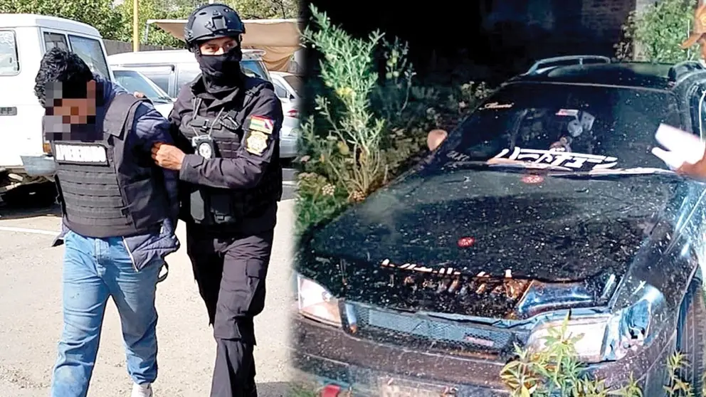 Jairo C.Q., detenido por secuestros y robo agravado (i). El veh&iacute;culo que el aprehendido choc&oacute; contra un poste (d)./ MARIELA COSS&Iacute;O-POLIC&Iacute;A