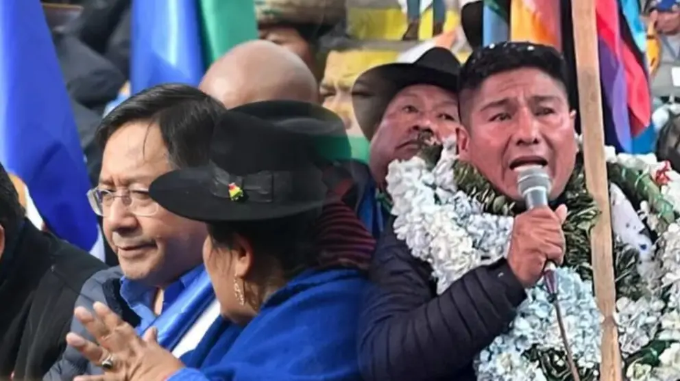 El presidente Luis Arce (i) y el dirigente Grover Garc&iacute;a (d). COMPOSICI&Oacute;N OPINI&Oacute;N