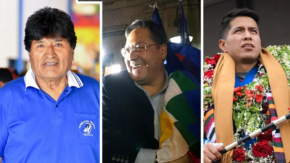 el centro, el presidente Luis Arce. A los costados Evo Morales y Andr&oacute;nico Rodr&iacute;guez./APG