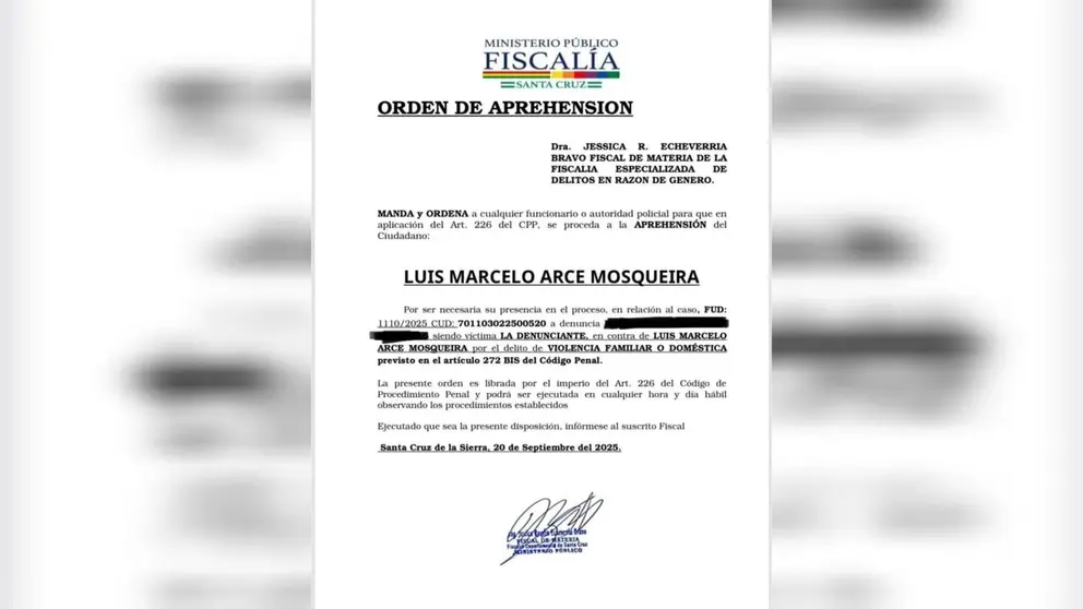 La orden de aprehensi&oacute;n que pesa contra Luis Marcelo Arce Mosqueira, el hijo del presidente Luis Arce.  RRSS