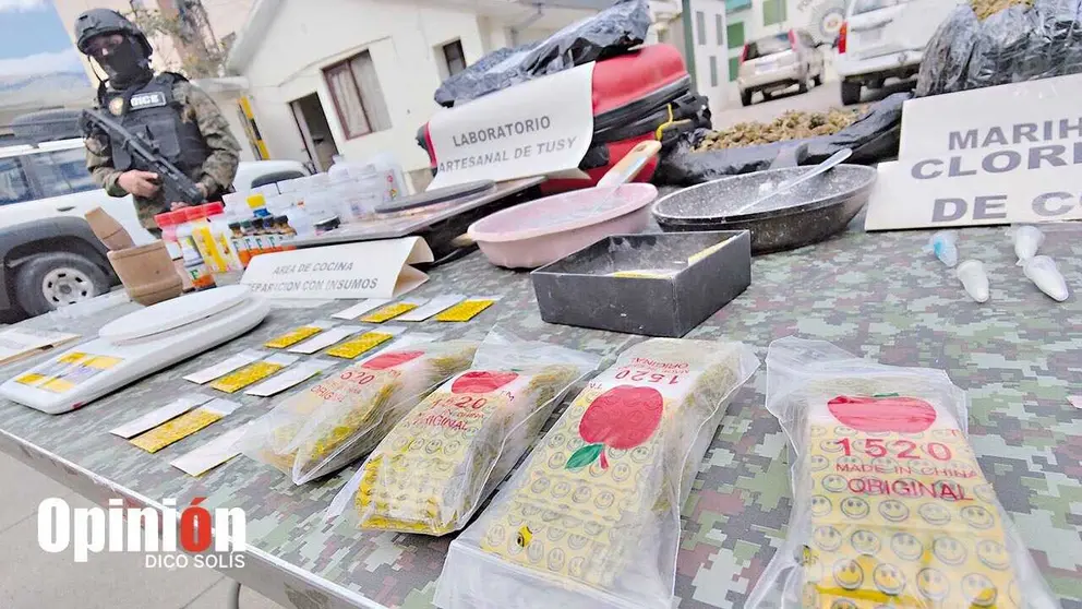 La FELCN expone la droga e insumos encontrados en la f&aacute;brica artesanal./ DICO SOL&Iacute;S