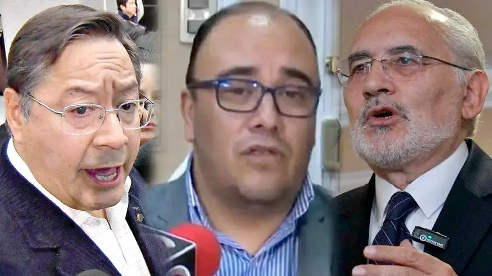 El presidente Luis Arce, el vocal Gustavo Ávila, del TSE, y el expresidente Carlos Mesa./ ARCHIVO