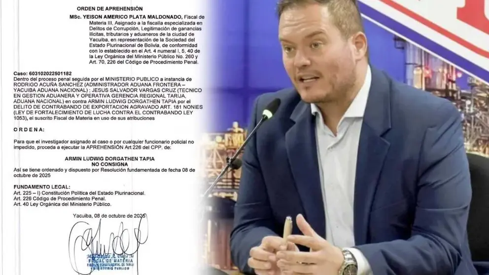 El presidente de YPFB, Armin Dorgathen, (d) y la orden de aprehensi&oacute;n (i). COMPOSICI&Oacute;N OPINI&Oacute;N