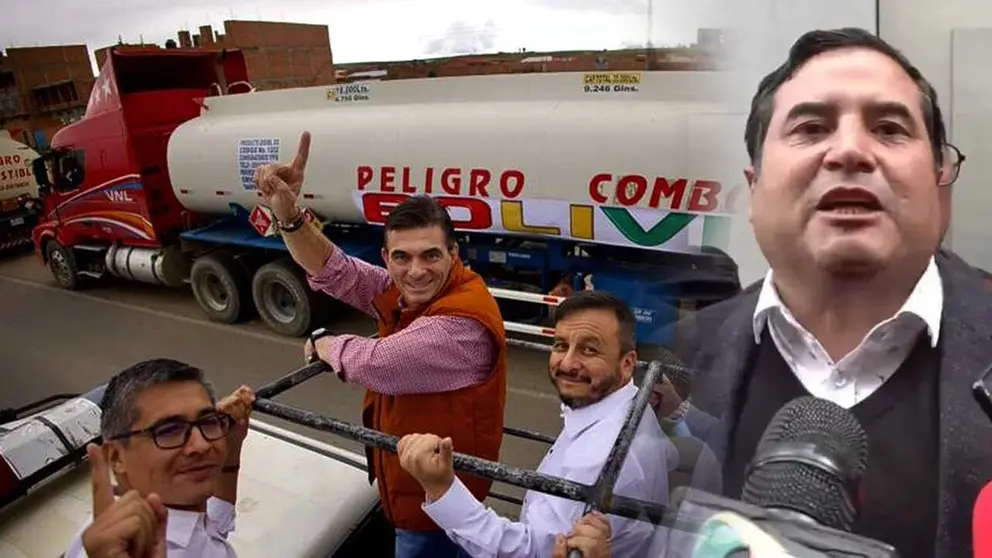 El presidente de la C&aacute;mara de Transporte Pesado de Bolivia, H&eacute;ctor Mercado, (d) y el presidente Rodrigo Paz (i), quien junto a su equipo recibi&oacute; a las cisternas con carburantes el pasado domingo. COMPOSICI&Oacute;N OPINI&Oacute;N