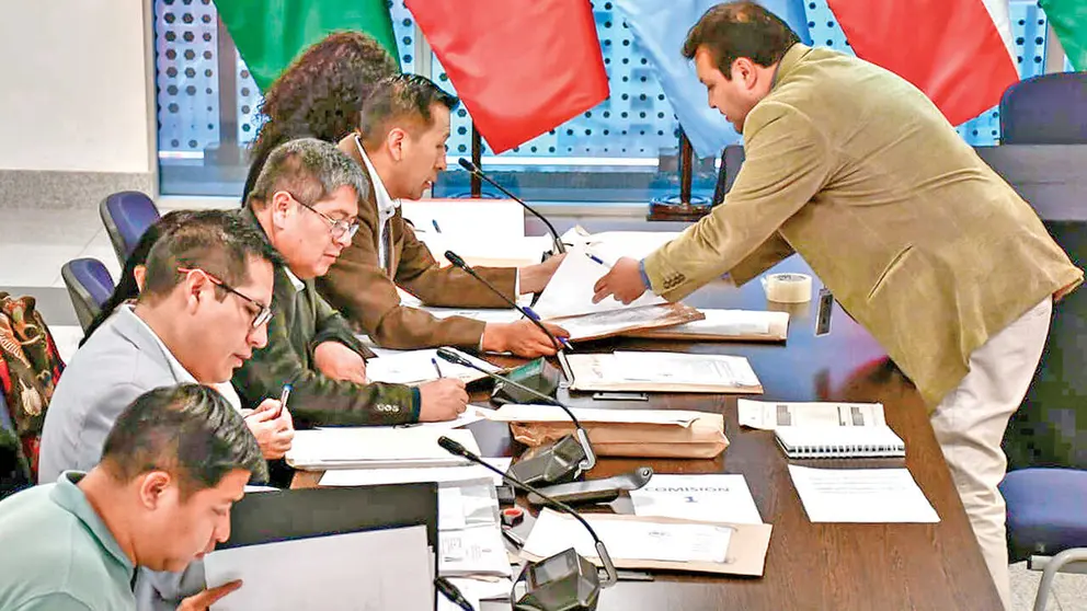Legisladores revisan la documentaci&oacute;n de los postulantes a vocales al TSE. / APG