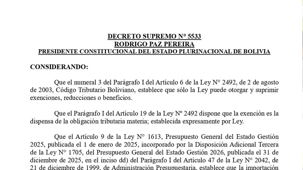 DS 5533 promulgado por Rodrigo Paz a trav{es de firma digital. ABI