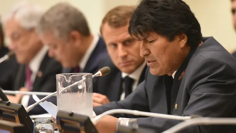 Evo Morales junto a Emmanuel Macron en una cumbre previa a la Asamblea de la ONU. Archivo