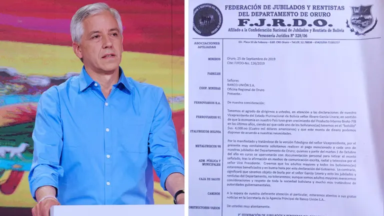 El vicepresidente &Aacute;lvaro Garc&iacute;a Linera durante el debate de candidatos a vicepresidencia junto al documento de la FJRDO