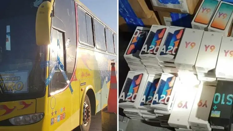 El bus y los celulares decomisados. ADUANA NACIONAL