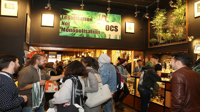 Decenas de personas visitan una tienda de venta de productos y accesorios para el consumo de marihuana.