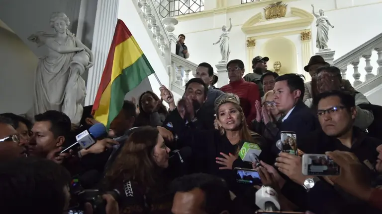 La presidenta Jeanine &Aacute;&ntilde;ez, durante una conferencia de prensa.