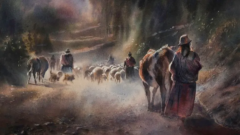 Detalle de la pintura en acuarela &ldquo;Armon&iacute;a&rdquo; de Jos&eacute; Rodr&iacute;guez.         GAMC