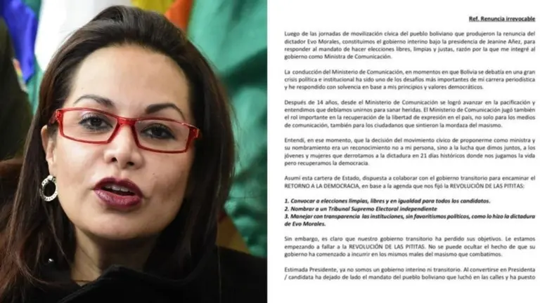 La ex ministra de Comunicaci&oacute;n, Roxana Lizarr&aacute;zu,  junto a la nota escrita presentando su renuncia irrvocable.