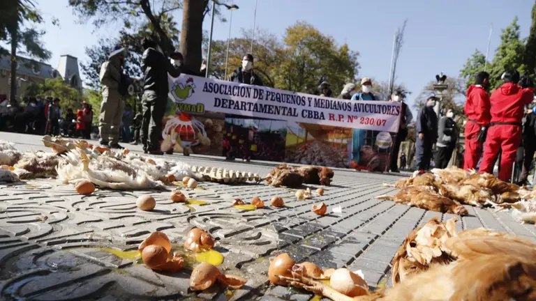 Restos de animales y huevos, durante una protesta de los avicultores. (APG)