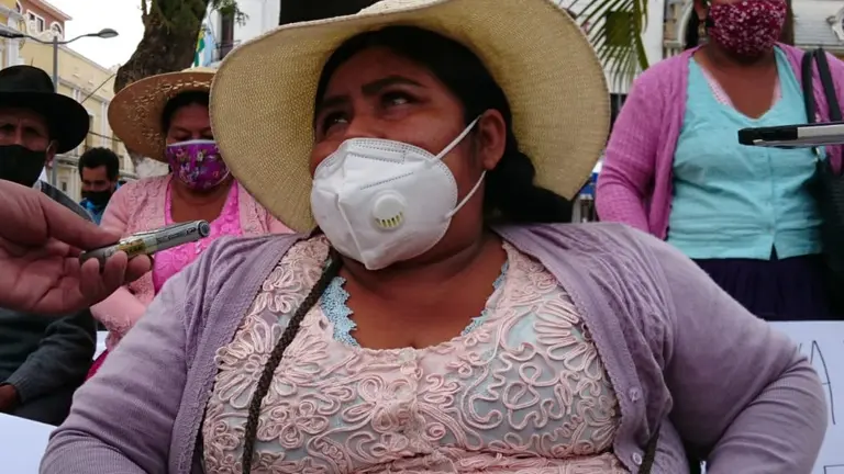 Norma Coca, vicepresidenta de la Federaci&oacute;n Departamental de Personas con Discapacidad, en una conferencia de prensa. Radio San Sim&oacute;n