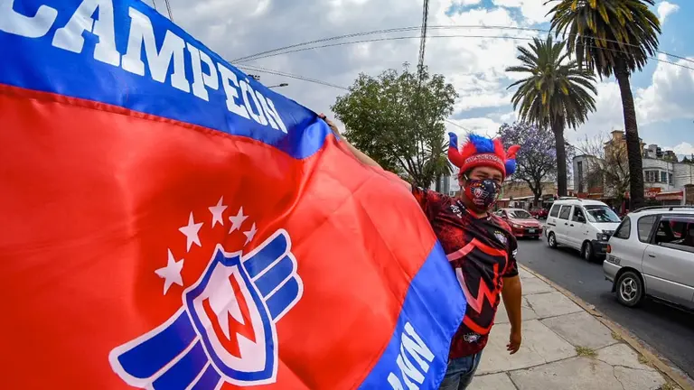 Un hincha muestra su bandera roja y azul cerca del estadio F&eacute;lix Capriles. DICO SOL&Iacute;S