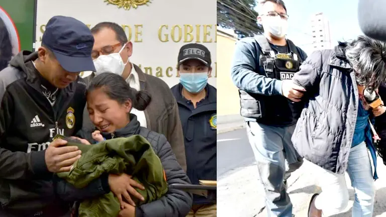 Samanta es devuelta a sus progenitores (i). La mujer acusada de raptar a la bebé es conducida hacia una patrulla (d). Ministerio de Gobierno-APG