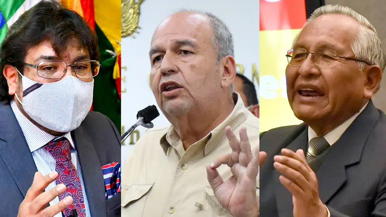 El procurador Alberto Morales y los ministros de Gobierno, Arturo Murillo, y de Educación, Culturas y Turismo, Víctor Hugo Cárdenas. ARCHIVO