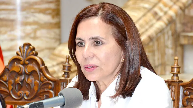 La ministra de Relaciones Exteriores Karen Longaric, durante una conferencia de prensa.	 ABIU