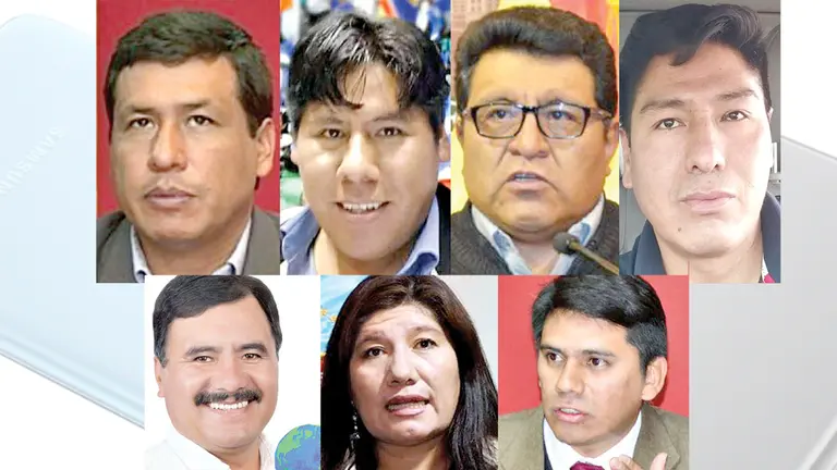 Óscar Cabrera, Franoly Huanca, Efraín Chambi, Gróver García, Humberto Sánchez y Ademar Valda. precandidatos del MAS-IPSP para la Gobernación de Cochabamba.