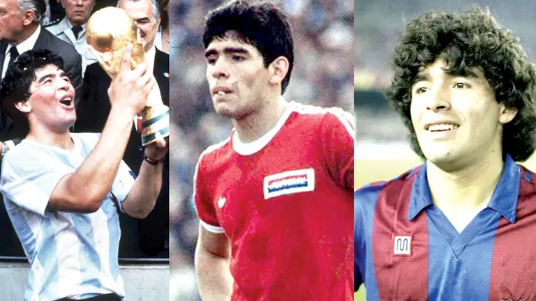 Diego Ararmando Maradona con el trofeo del Mundial de México 1986. El Pelusa con diferentes camisetas que vistió. ARCHIVO