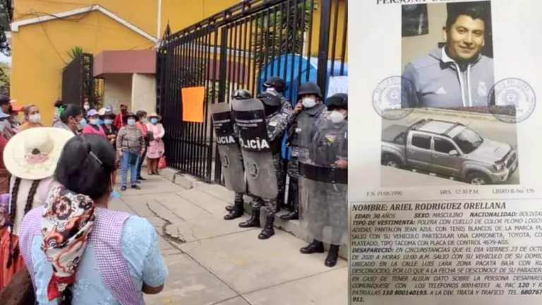 Fotografías de familiares del arquitecto exigiendo justicia y el afiche que reporta su desaparición. Noé Portugal-Policía