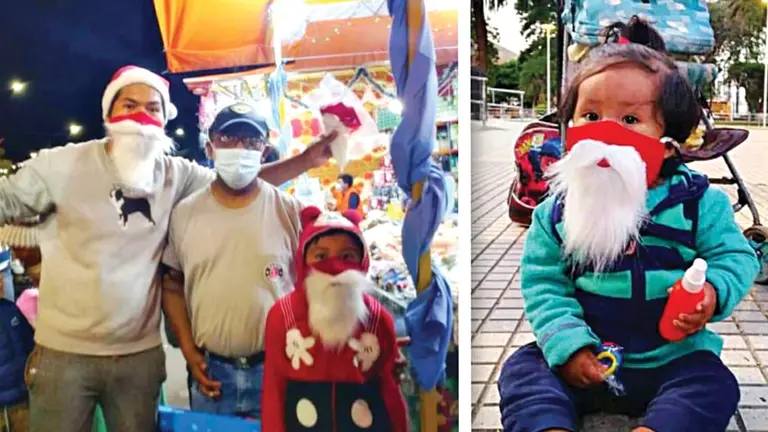 Personas lucen los barbijos con barba de Papa Noel.  Cortesía Christmas Shop