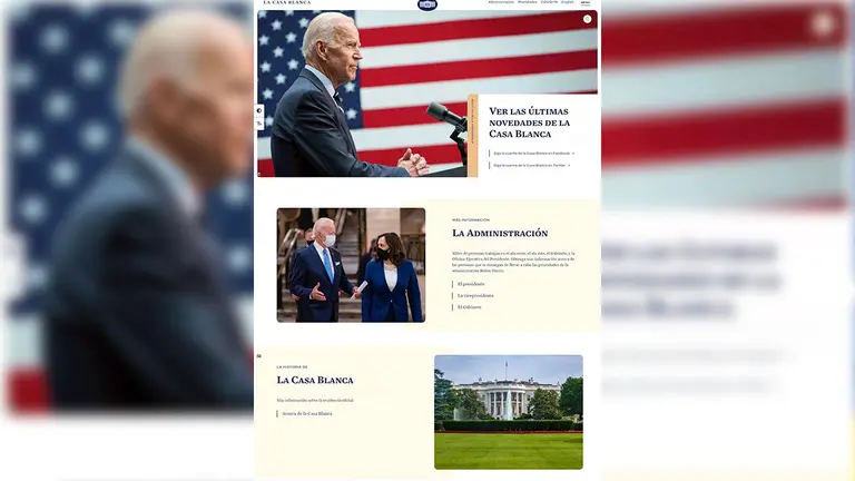 Captura de la portada de la p&aacute;gina web de la Casa Blanca en espa&ntilde;ol. Poco despu&eacute;s de que el nuevo presidente de Estados Unidos, Joe Biden, asumiera el cargo, la Casa Blanca estren&oacute; este mi&eacute;rcoles su nueva y remozada p&aacute;gina web. EFE
