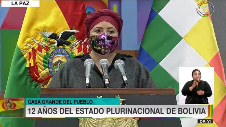 La ministra de la Presidencia, Mar&iacute;a Nela Prada, en su discurso en los actos protocolares por el aniversario del Estado Plurinacional.