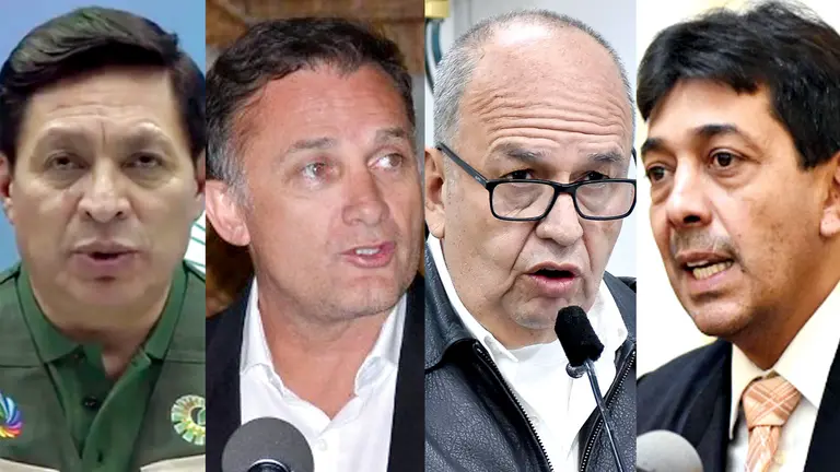 El general en retiro Luis Fernando Valverde; y los ministros Luis Fernando López, Arturo Murillo y Víctor Hugo Zamora. ARCHIVO