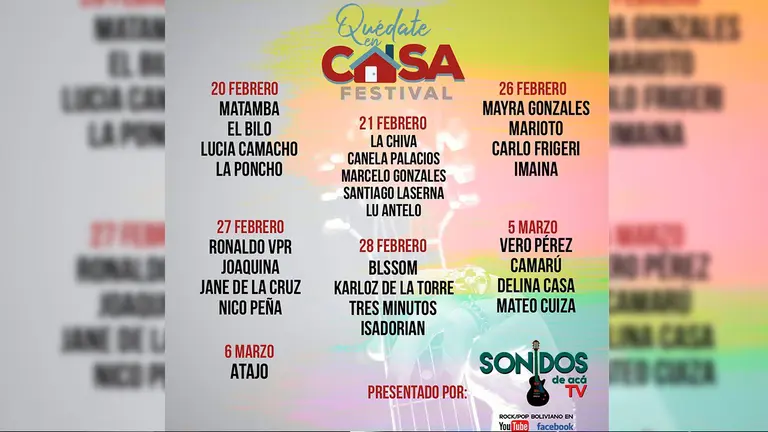 Afiche y cronograma de horarios para el festival #QuedateEnCasa, organizado por Sonidos de Acá. Cortesía