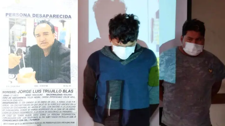Afiche que reporta la desaparición del comerciante peruano (i). Policía presenta a los sentenciados por asesinato. POLICÍA-OPINIÓN